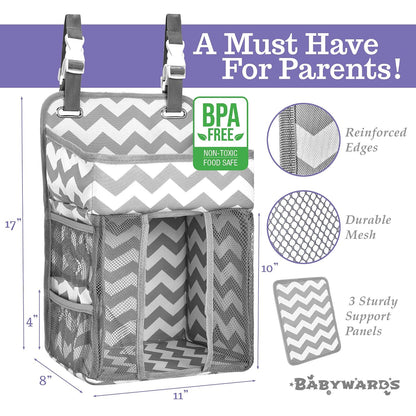 Hanging Diaper Caddy Organizer - Large Nursery Storage for Essential Newborn Baby Items - 2 Compartments, 3 Mesh Pockets - Durable Hooks to Hang on Bassinet, Changing Table, Crib