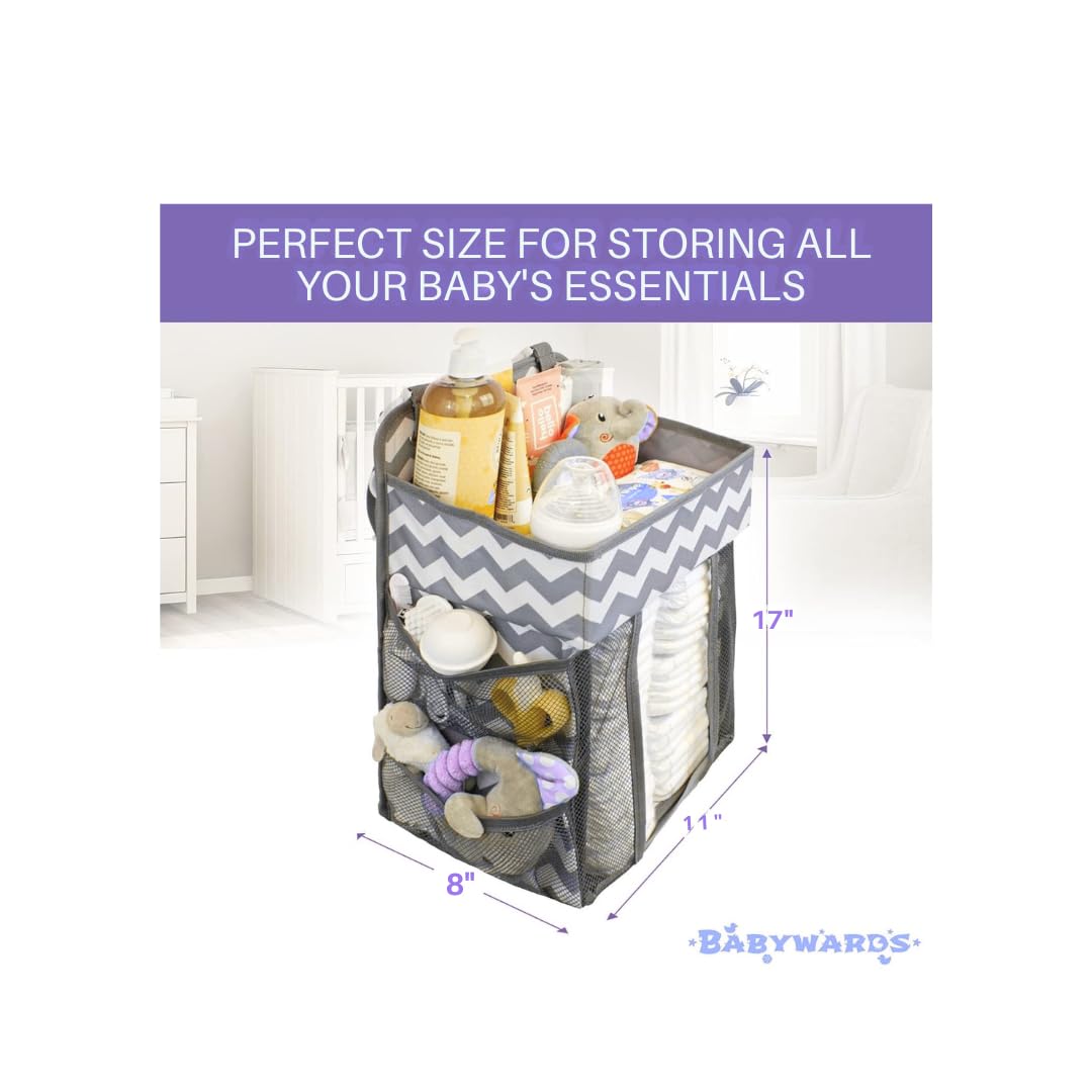 Hanging Diaper Caddy Organizer - Large Nursery Storage for Essential Newborn Baby Items - 2 Compartments, 3 Mesh Pockets - Durable Hooks to Hang on Bassinet, Changing Table, Crib