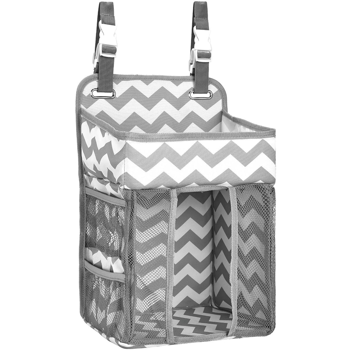 Hanging Diaper Caddy Organizer - Large Nursery Storage for Essential Newborn Baby Items - 2 Compartments, 3 Mesh Pockets - Durable Hooks to Hang on Bassinet, Changing Table, Crib
