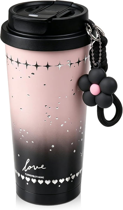 18 oz Insulated Stainless Steel Tumbler, Ceramic Lined Travel Coffee Mug with Straw