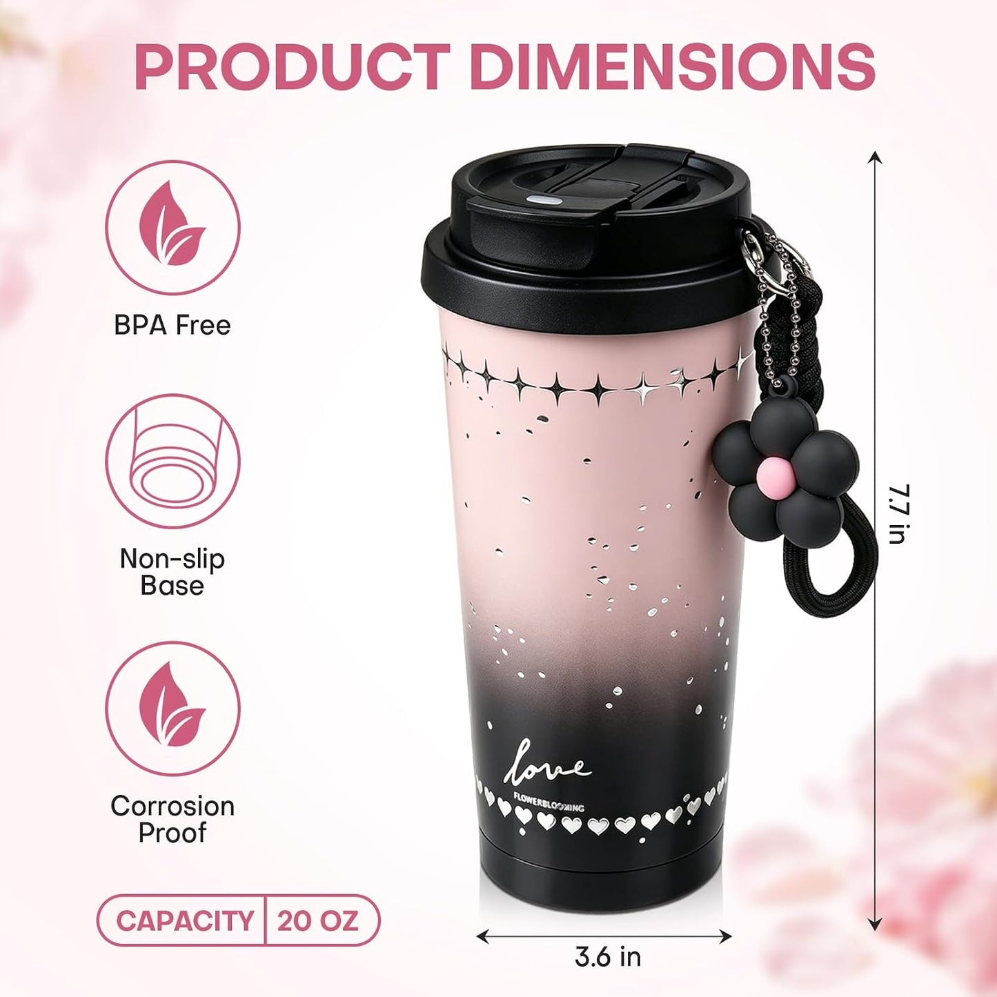 18 oz Insulated Stainless Steel Tumbler, Ceramic Lined Travel Coffee Mug with Straw