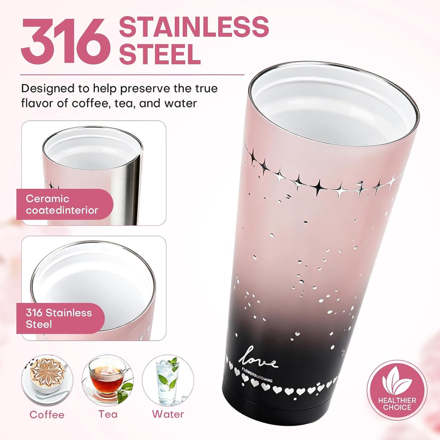 18 oz Insulated Stainless Steel Tumbler, Ceramic Lined Travel Coffee Mug with Straw