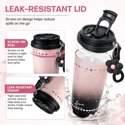 18 oz Insulated Stainless Steel Tumbler, Ceramic Lined Travel Coffee Mug with Straw