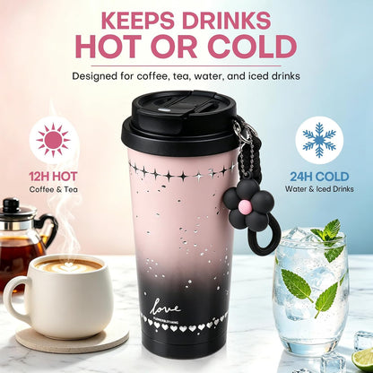 18 oz Insulated Stainless Steel Tumbler, Ceramic Lined Travel Coffee Mug with Straw