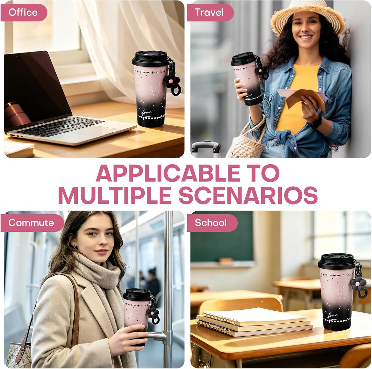 18 oz Insulated Stainless Steel Tumbler, Ceramic Lined Travel Coffee Mug with Straw
