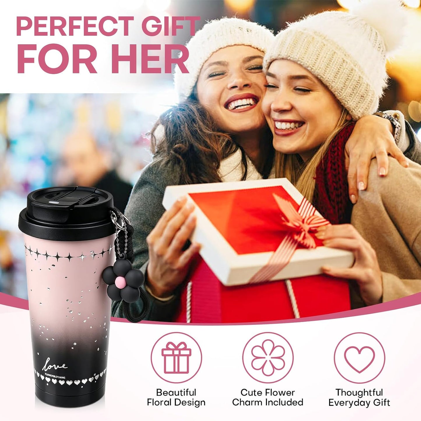 18 oz Insulated Stainless Steel Tumbler, Ceramic Lined Travel Coffee Mug with Straw
