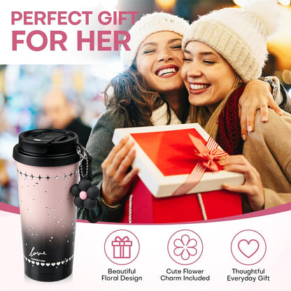 18 oz Insulated Stainless Steel Tumbler, Ceramic Lined Travel Coffee Mug with Straw