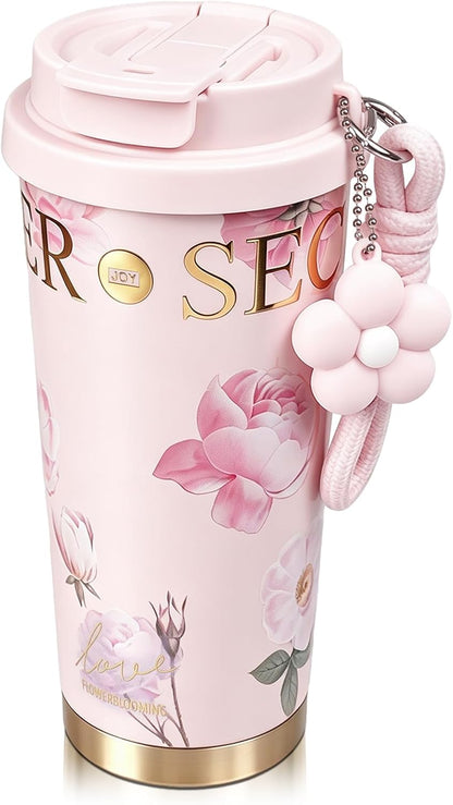 18 oz Insulated Stainless Steel Tumbler, Ceramic Lined Travel Coffee Mug with Straw