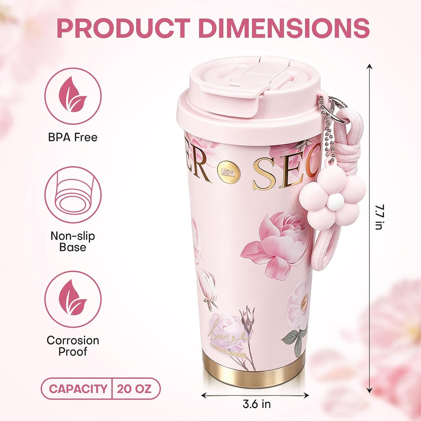 18 oz Insulated Stainless Steel Tumbler, Ceramic Lined Travel Coffee Mug with Straw
