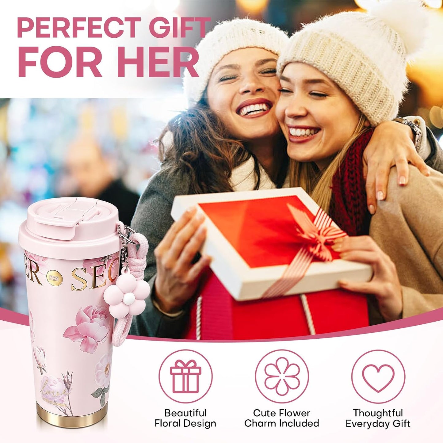 18 oz Insulated Stainless Steel Tumbler, Ceramic Lined Travel Coffee Mug with Straw