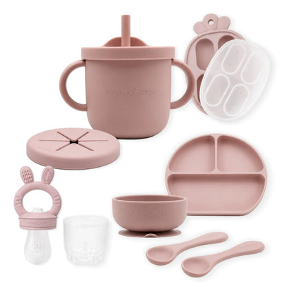 Silicone Baby Feeding Set Bundle – Suction Plate, Suction Bowl, Training & Snack Cup, Food Feeder, 2-Pack Spoons & Carrot Freezer Tray, BPA-Free, Rose Pink