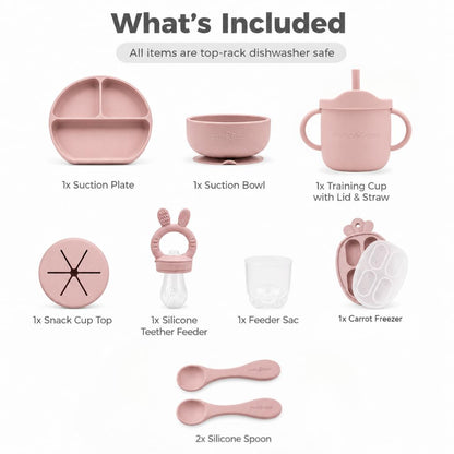 Silicone Baby Feeding Set Bundle – Suction Plate, Suction Bowl, Training & Snack Cup, Food Feeder, 2-Pack Spoons & Carrot Freezer Tray, BPA-Free, Rose Pink