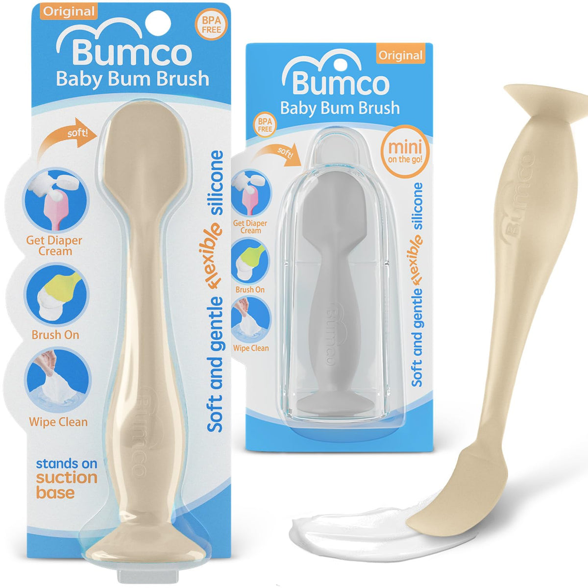 Bumco + Mini Baby Diaper Cream Spatula with Case - BPA-Free Silicone Diaper Spatula with Suction Cup, Wipe-Clean, Mom-Invented Butt Paste Applicator (Sand & Gray)