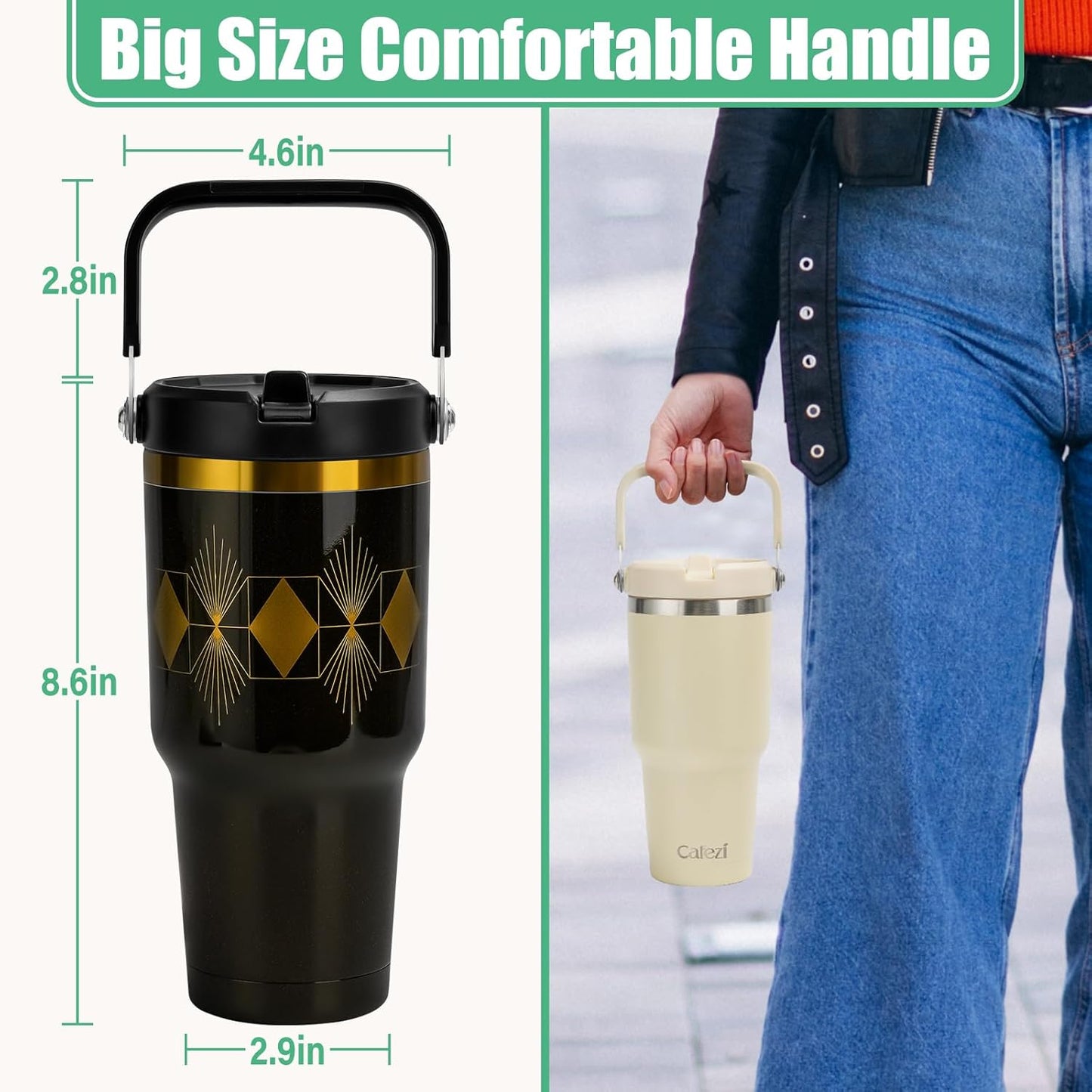 40 oz Insulated Tumbler with Top Handle and Flip Straw | Vacuum Insulated Stainless Steel Cup with Leak-Proof Lid, Sweat-Free, Fits Cup Holder, Keeps Ice Cold up to 30 Hours
