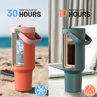 40 oz Insulated Tumbler with Top Handle and Flip Straw | Vacuum Insulated Stainless Steel Cup with Leak-Proof Lid, Sweat-Free, Fits Cup Holder, Keeps Ice Cold up to 30 Hours