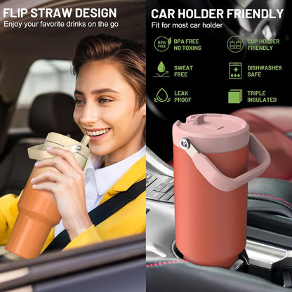 40 oz Insulated Tumbler with Top Handle and Flip Straw | Vacuum Insulated Stainless Steel Cup with Leak-Proof Lid, Sweat-Free, Fits Cup Holder, Keeps Ice Cold up to 30 Hours