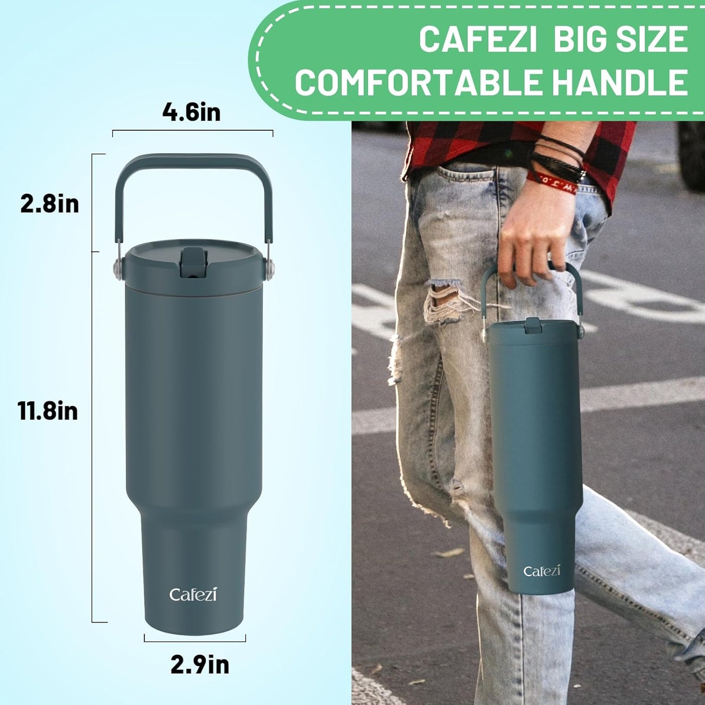 40 oz Insulated Tumbler with Top Handle and Flip Straw | Vacuum Insulated Stainless Steel Cup with Leak-Proof Lid, Sweat-Free, Fits Cup Holder, Keeps Ice Cold up to 30 Hours