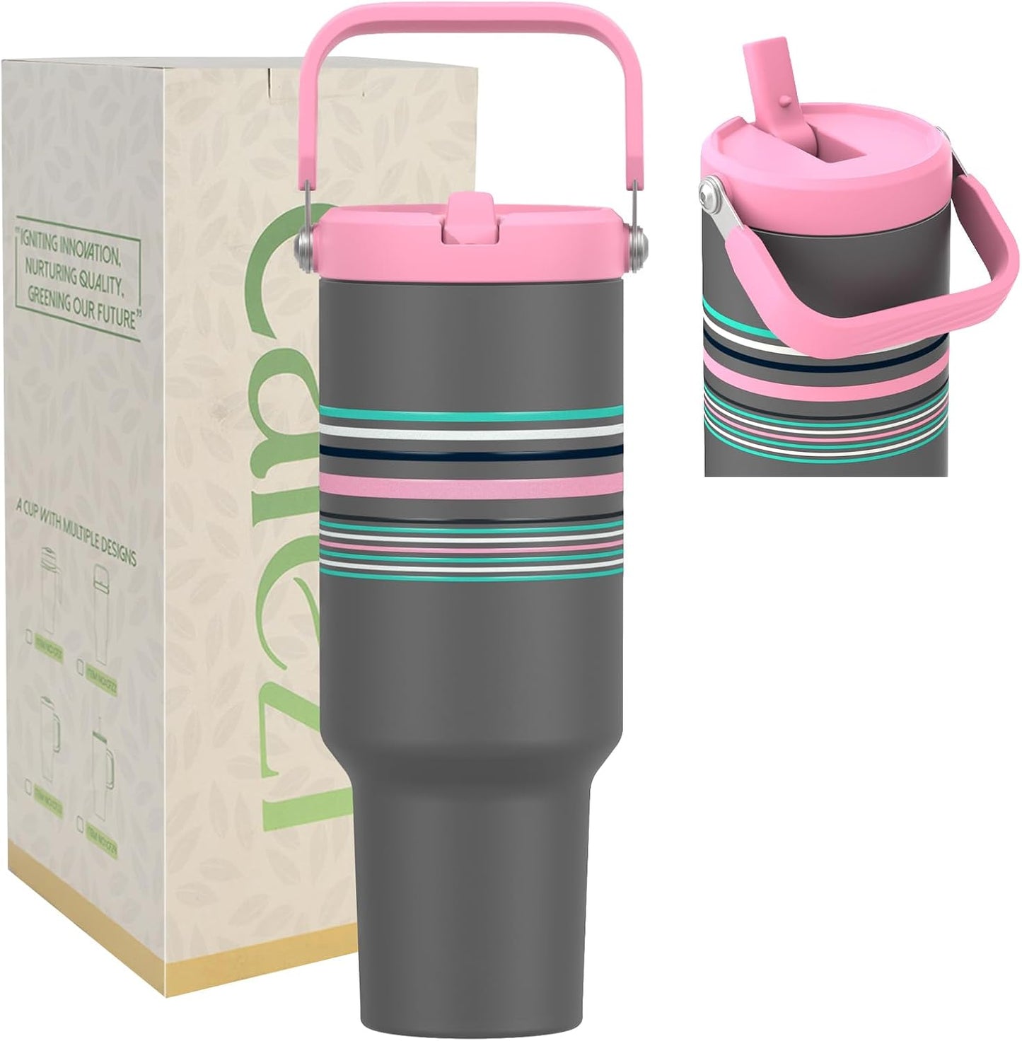 40 oz Insulated Tumbler with Top Handle and Flip Straw | Vacuum Insulated Stainless Steel Cup with Leak-Proof Lid, Sweat-Free, Fits Cup Holder, Keeps Ice Cold up to 30 Hours