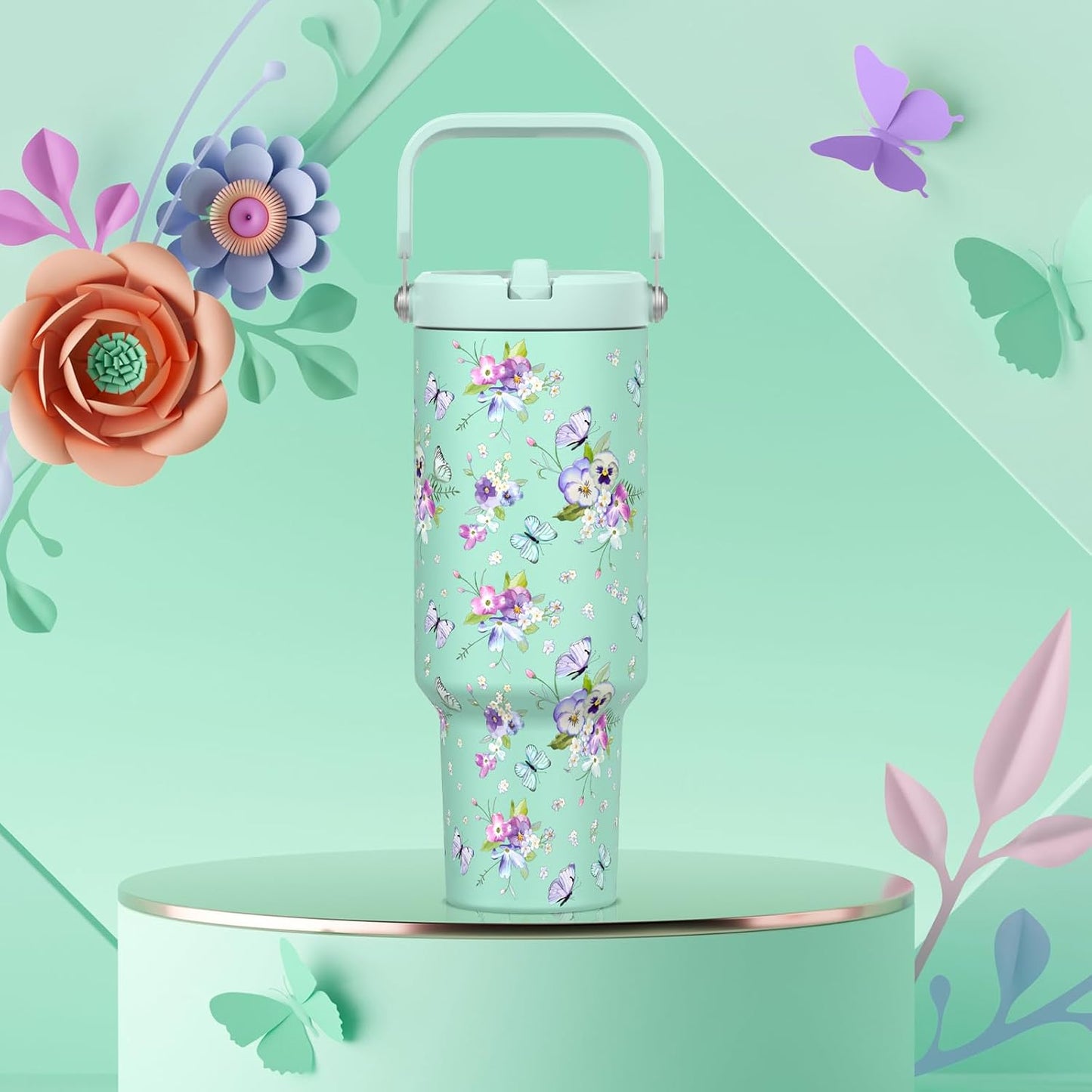 40 oz Insulated Tumbler with Top Handle and Flip Straw | Vacuum Insulated Stainless Steel Cup with Leak-Proof Lid, Sweat-Free, Fits Cup Holder, Keeps Ice Cold up to 30 Hours