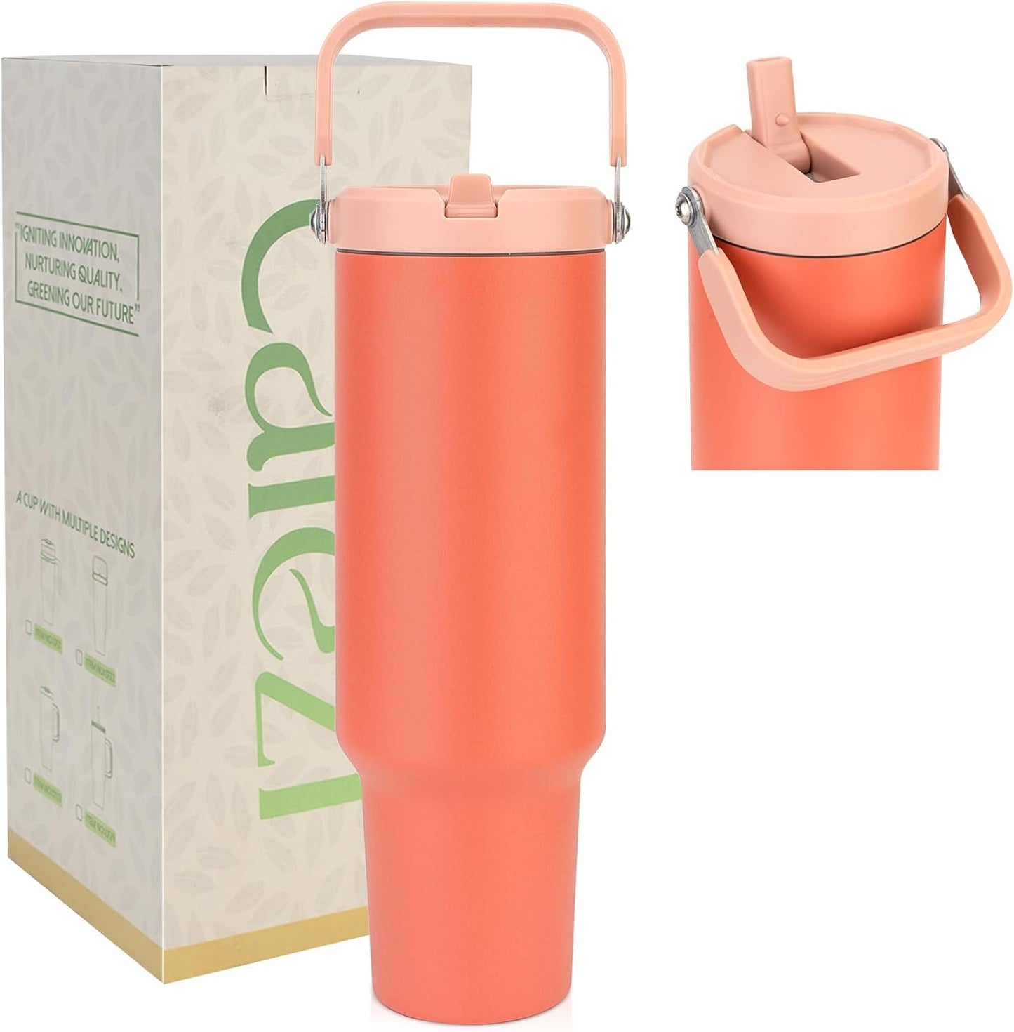 40 oz Insulated Tumbler with Top Handle and Flip Straw | Vacuum Insulated Stainless Steel Cup with Leak-Proof Lid, Sweat-Free, Fits Cup Holder, Keeps Ice Cold up to 30 Hours