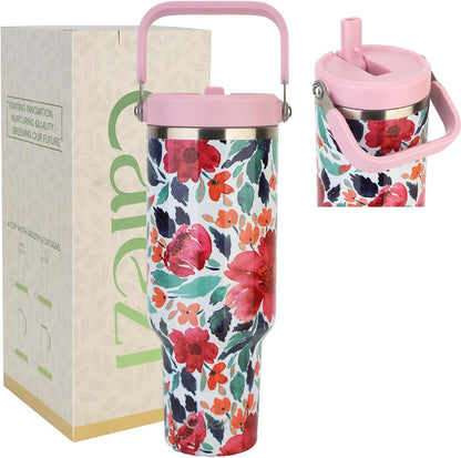 40 oz Insulated Tumbler with Top Handle and Flip Straw | Vacuum Insulated Stainless Steel Cup with Leak-Proof Lid, Sweat-Free, Fits Cup Holder, Keeps Ice Cold up to 30 Hours