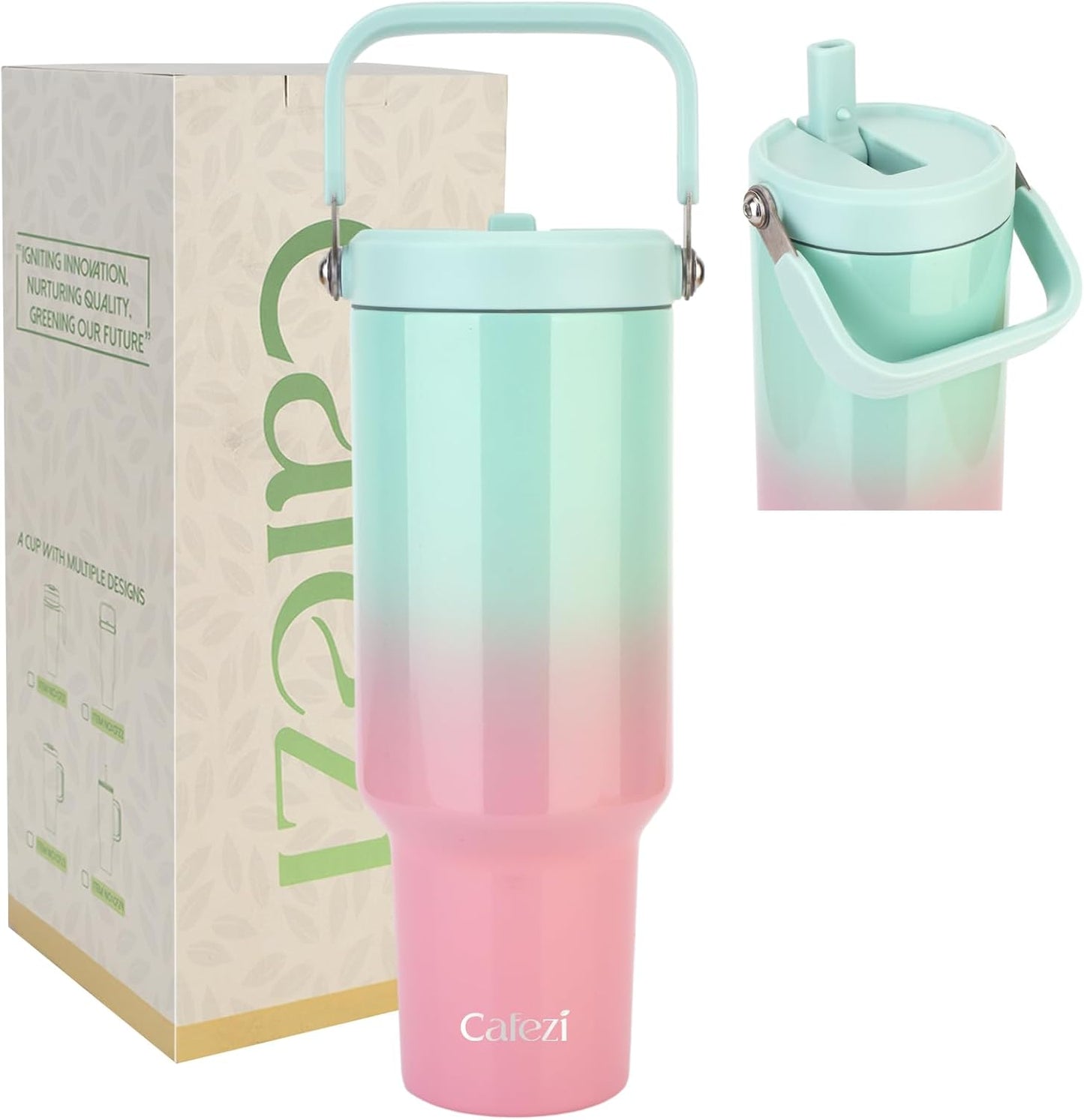 40 oz Insulated Tumbler with Top Handle and Flip Straw | Vacuum Insulated Stainless Steel Cup with Leak-Proof Lid, Sweat-Free, Fits Cup Holder, Keeps Ice Cold up to 30 Hours