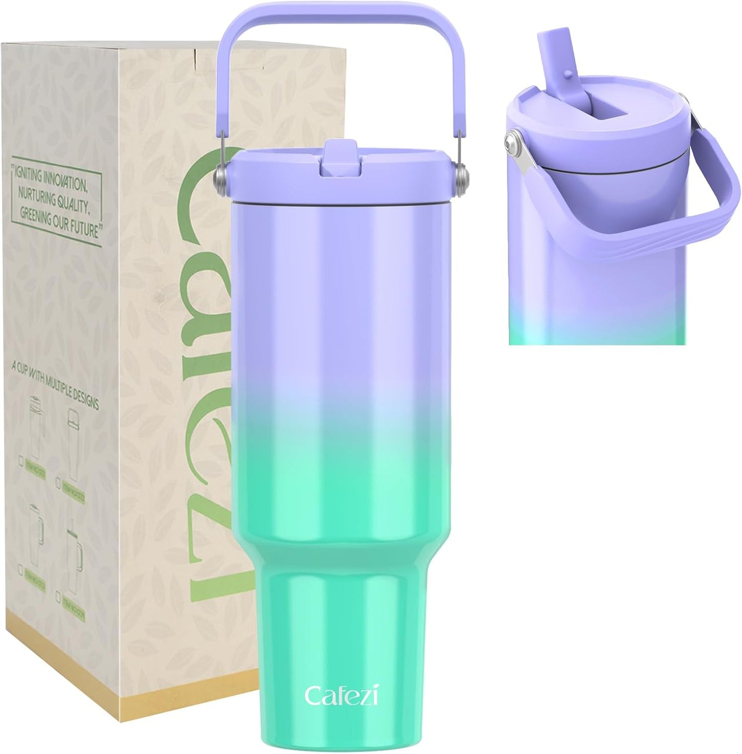 40 oz Insulated Tumbler with Top Handle and Flip Straw | Vacuum Insulated Stainless Steel Cup with Leak-Proof Lid, Sweat-Free, Fits Cup Holder, Keeps Ice Cold up to 30 Hours