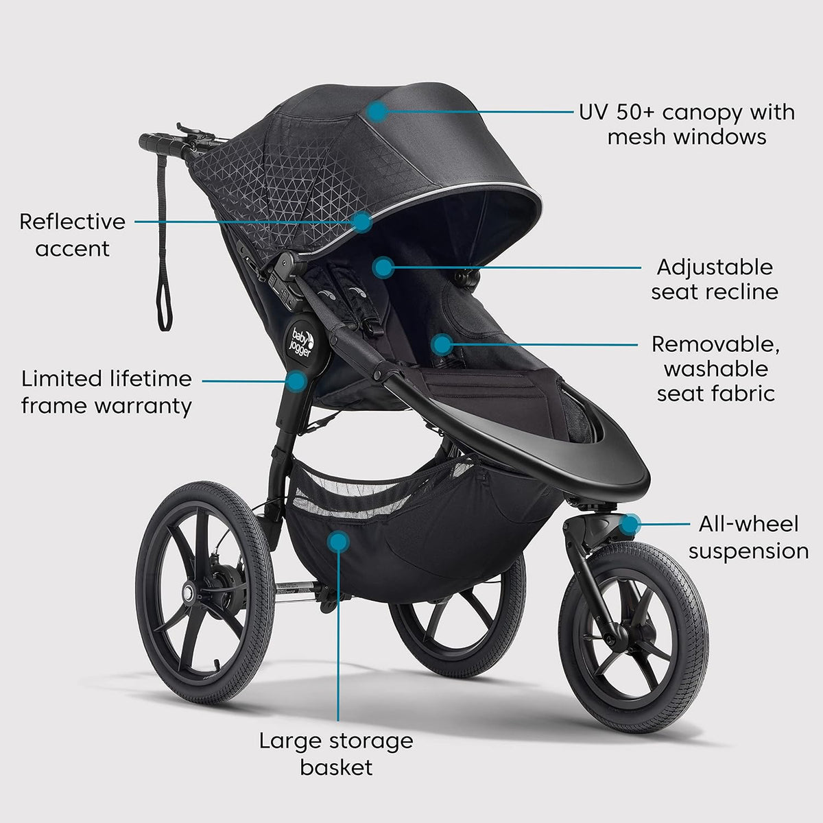 ® Summit X3 3-Wheel Jogging Stroller with Hand Brake, Baby Stroller with One-Hand Compact Fold, All-Wheel Suspension for Running, Jogging, and Everyday Outings, Midnight Black