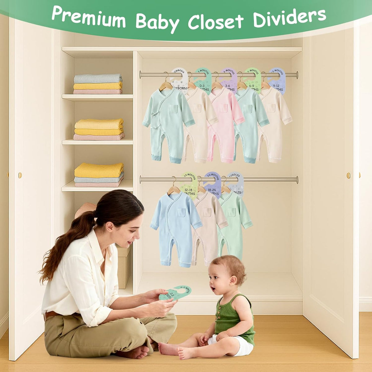 Baby Closet Dividers for Clothes Organizer, 8 PCS Double-Sided Cute Hanger Dividers for Newborn to Toddler, Baby Clothes Size Dividers for Boys & Girls