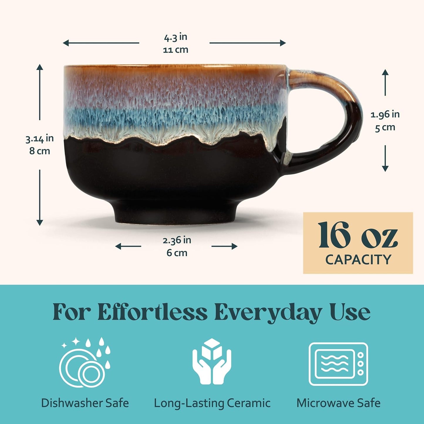 Ceramic Coffee Mug - Ceramic Cup with Handle - 16 oz Coffee Mugs, Cute Mug - Large Mug - Microwave & Dishwasher Safe - Gifts For Women Men Him Her - 16oz - Horizon