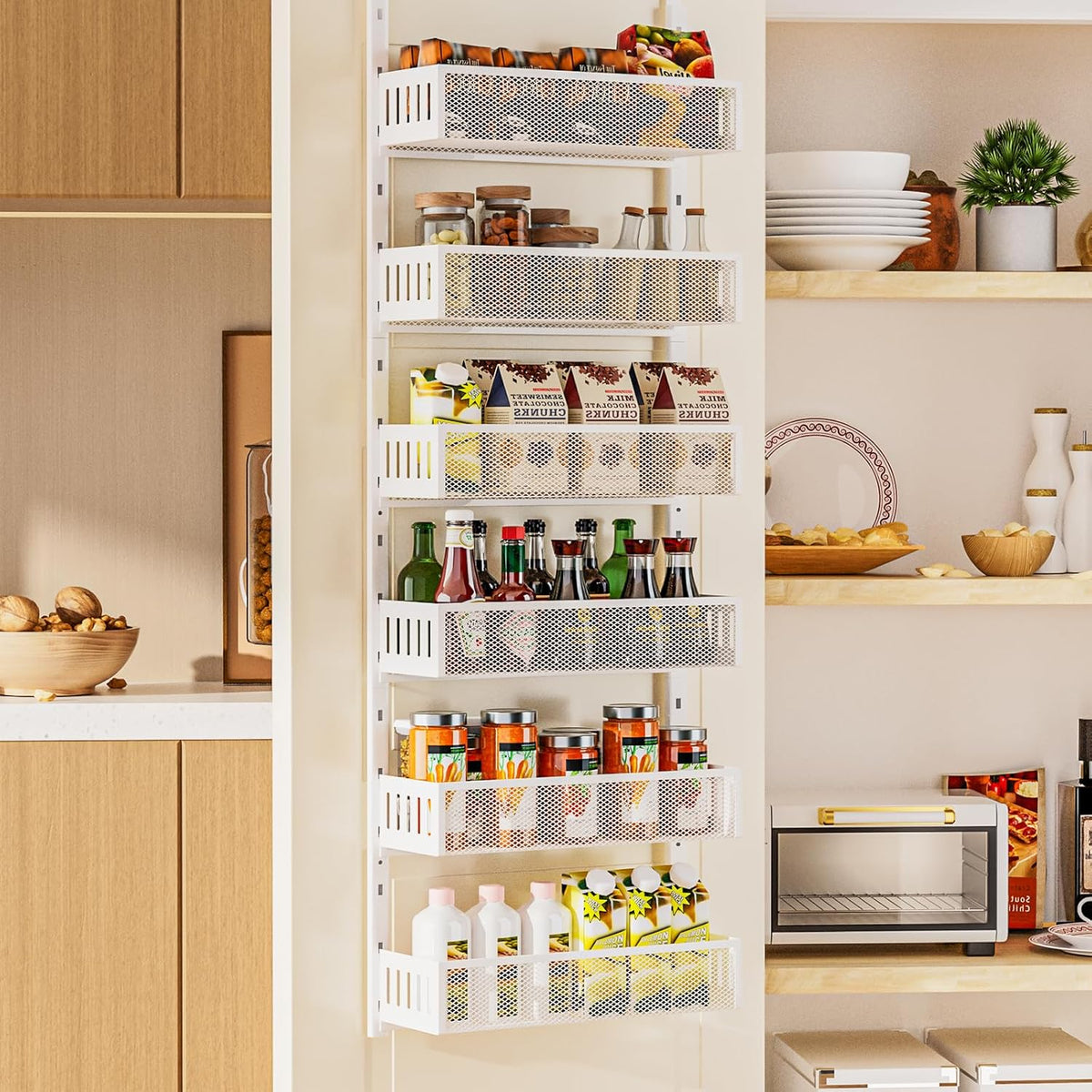 8-Tier Over The Door Pantry Organizer with Mesh Baskets, Adjustable & Stable Hanging Spice Rack for Kitchen, Bathroom, Bedroom, and Baby Essentials Storage (16" W 8-Tiers, White)