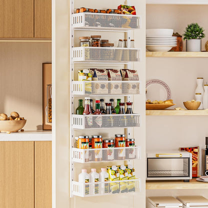 8-Tier Over The Door Pantry Organizer with Mesh Baskets, Adjustable & Stable Hanging Spice Rack for Kitchen, Bathroom, Bedroom, and Baby Essentials Storage (16" W 8-Tiers, White)