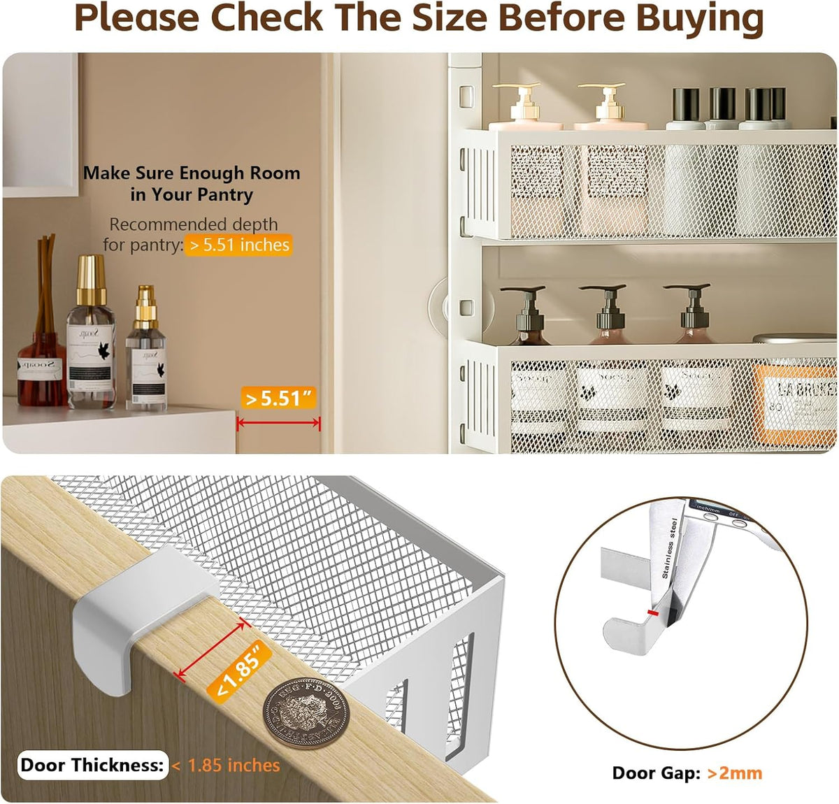 8-Tier Over The Door Pantry Organizer with Mesh Baskets, Adjustable & Stable Hanging Spice Rack for Kitchen, Bathroom, Bedroom, and Baby Essentials Storage (16" W 8-Tiers, White)