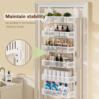 8-Tier Over The Door Pantry Organizer with Mesh Baskets, Adjustable & Stable Hanging Spice Rack for Kitchen, Bathroom, Bedroom, and Baby Essentials Storage (16" W 8-Tiers, White)