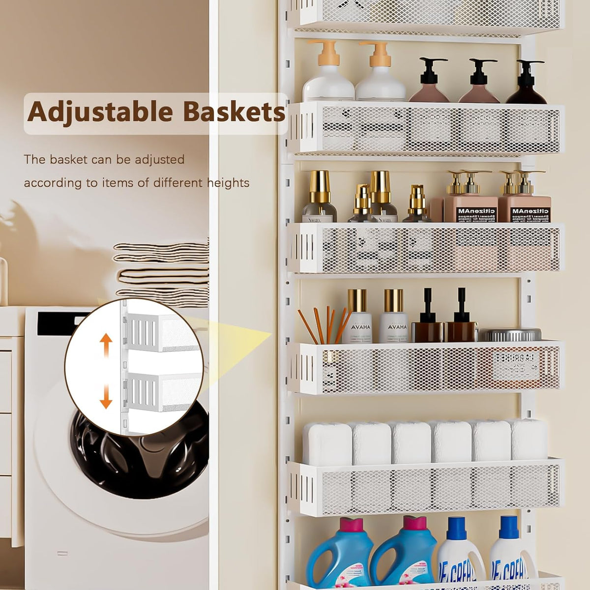 8-Tier Over The Door Pantry Organizer with Mesh Baskets, Adjustable & Stable Hanging Spice Rack for Kitchen, Bathroom, Bedroom, and Baby Essentials Storage (16" W 8-Tiers, White)