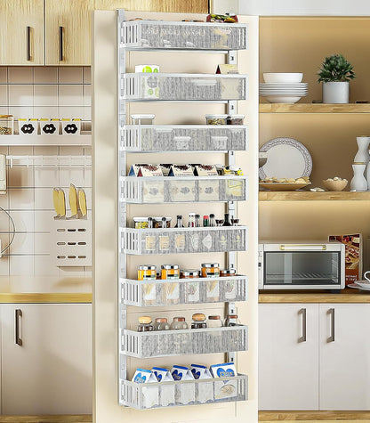 8-Tier Over The Door Pantry Organizer with Mesh Baskets, Adjustable & Stable Hanging Spice Rack for Kitchen, Bathroom, Bedroom, and Baby Essentials Storage (16" W 8-Tiers, White)