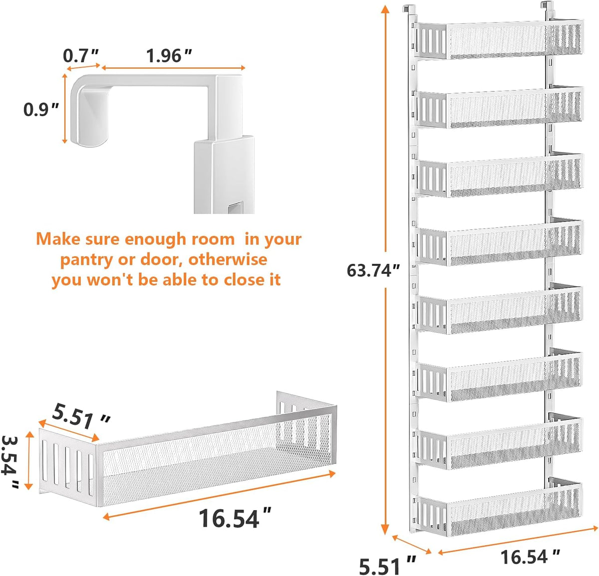 8-Tier Over The Door Pantry Organizer with Mesh Baskets, Adjustable & Stable Hanging Spice Rack for Kitchen, Bathroom, Bedroom, and Baby Essentials Storage (16" W 8-Tiers, White)