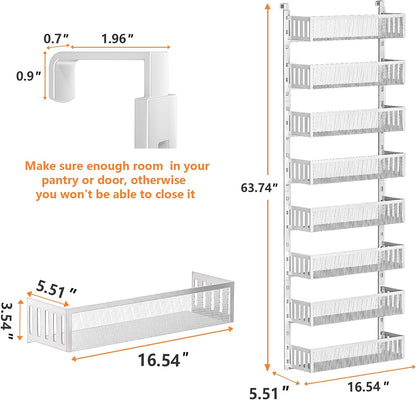 8-Tier Over The Door Pantry Organizer with Mesh Baskets, Adjustable & Stable Hanging Spice Rack for Kitchen, Bathroom, Bedroom, and Baby Essentials Storage (16" W 8-Tiers, White)