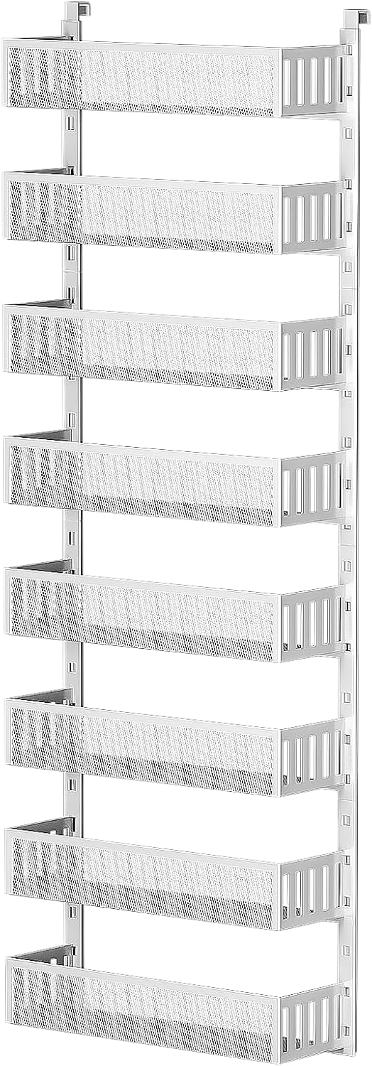 8-Tier Over The Door Pantry Organizer with Mesh Baskets, Adjustable & Stable Hanging Spice Rack for Kitchen, Bathroom, Bedroom, and Baby Essentials Storage (16" W 8-Tiers, White)