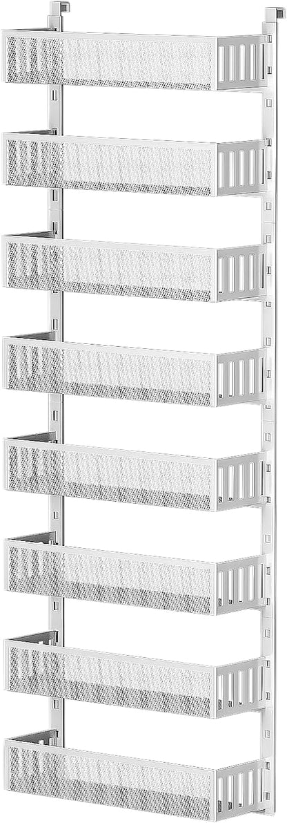 8-Tier Over The Door Pantry Organizer with Mesh Baskets, Adjustable & Stable Hanging Spice Rack for Kitchen, Bathroom, Bedroom, and Baby Essentials Storage (16" W 8-Tiers, White)