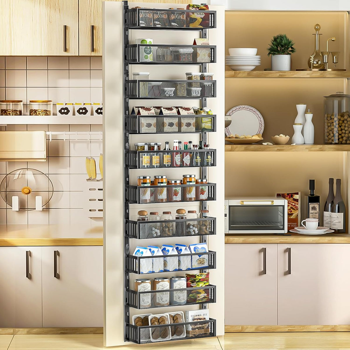 8-Tier Over The Door Pantry Organizer with Mesh Baskets, Adjustable & Stable Hanging Spice Rack for Kitchen, Bathroom, Bedroom, and Baby Essentials Storage (16" W 8-Tiers, White)