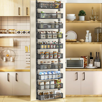 8-Tier Over The Door Pantry Organizer with Mesh Baskets, Adjustable & Stable Hanging Spice Rack for Kitchen, Bathroom, Bedroom, and Baby Essentials Storage (16" W 8-Tiers, White)