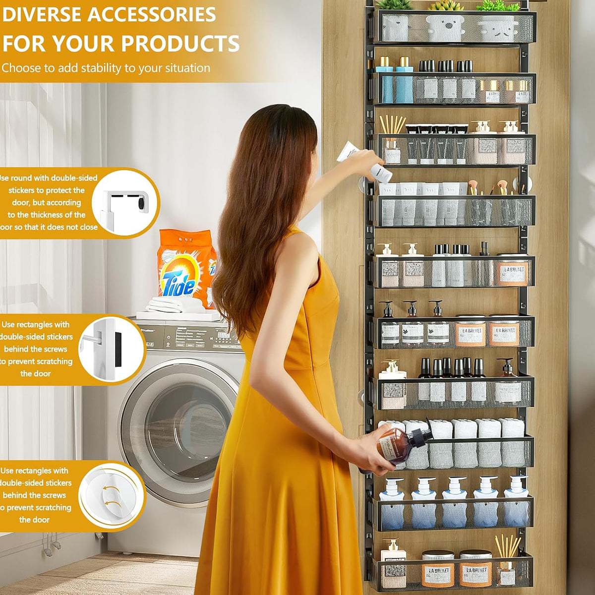8-Tier Over The Door Pantry Organizer with Mesh Baskets, Adjustable & Stable Hanging Spice Rack for Kitchen, Bathroom, Bedroom, and Baby Essentials Storage (16" W 8-Tiers, White)