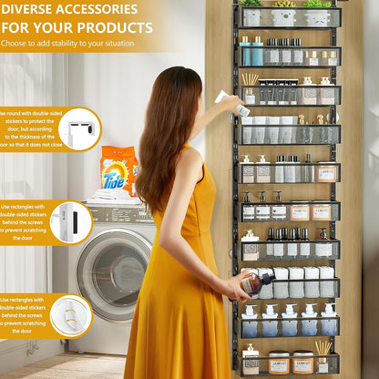 8-Tier Over The Door Pantry Organizer with Mesh Baskets, Adjustable & Stable Hanging Spice Rack for Kitchen, Bathroom, Bedroom, and Baby Essentials Storage (16" W 8-Tiers, White)