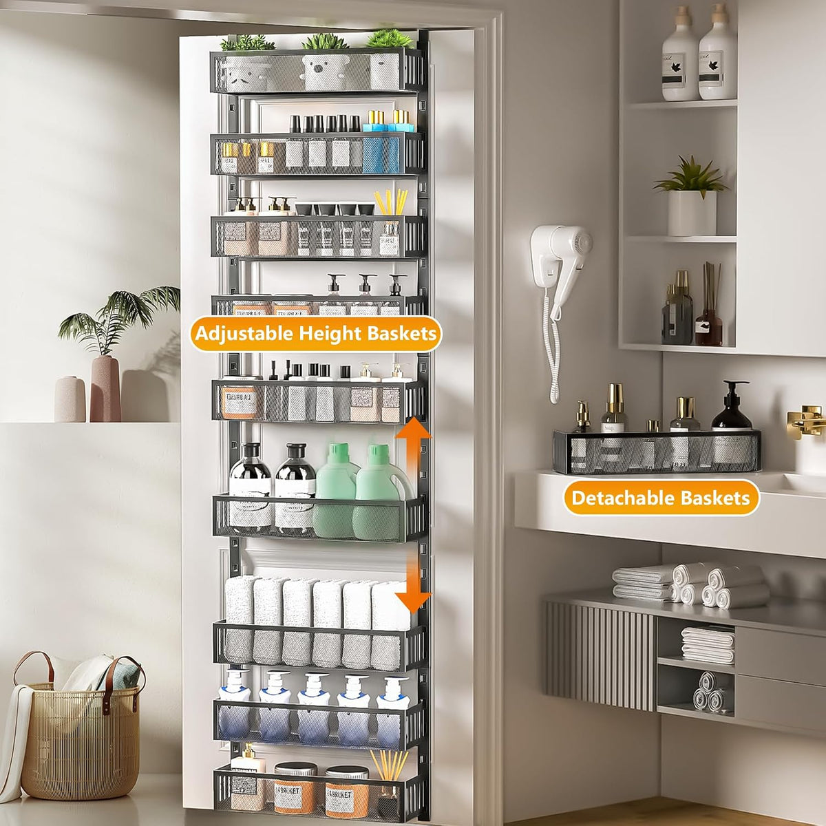 8-Tier Over The Door Pantry Organizer with Mesh Baskets, Adjustable & Stable Hanging Spice Rack for Kitchen, Bathroom, Bedroom, and Baby Essentials Storage (16" W 8-Tiers, White)