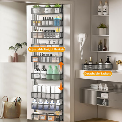 8-Tier Over The Door Pantry Organizer with Mesh Baskets, Adjustable & Stable Hanging Spice Rack for Kitchen, Bathroom, Bedroom, and Baby Essentials Storage (16" W 8-Tiers, White)