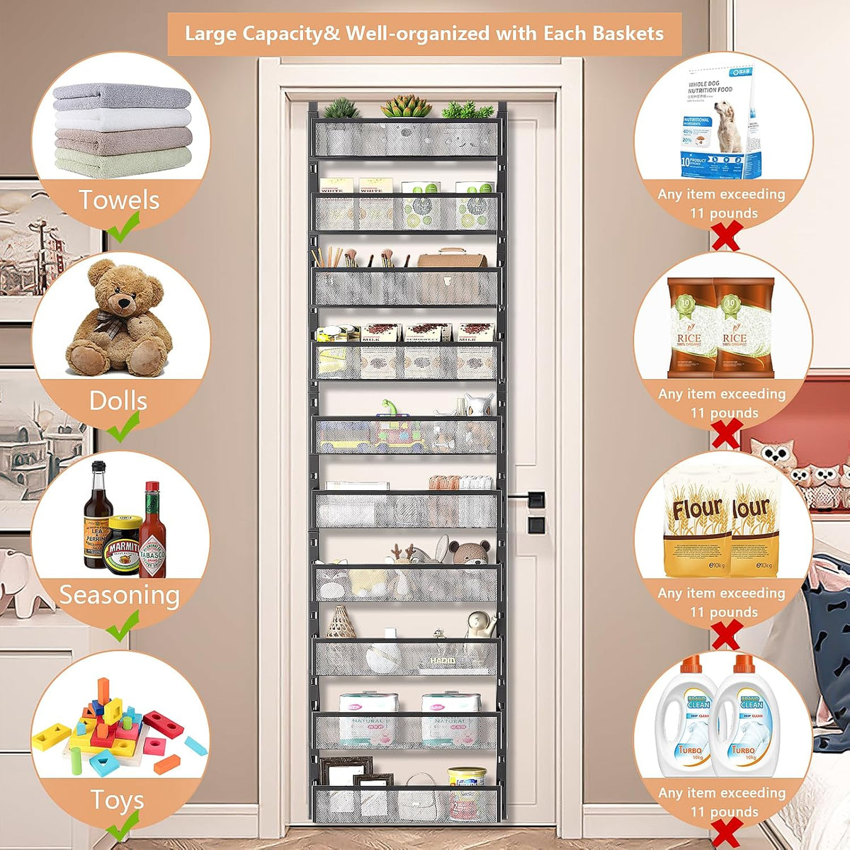 8-Tier Over The Door Pantry Organizer with Mesh Baskets, Adjustable & Stable Hanging Spice Rack for Kitchen, Bathroom, Bedroom, and Baby Essentials Storage (16" W 8-Tiers, White)