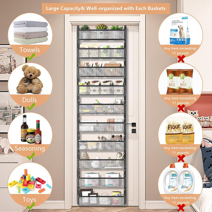 8-Tier Over The Door Pantry Organizer with Mesh Baskets, Adjustable & Stable Hanging Spice Rack for Kitchen, Bathroom, Bedroom, and Baby Essentials Storage (16" W 8-Tiers, White)