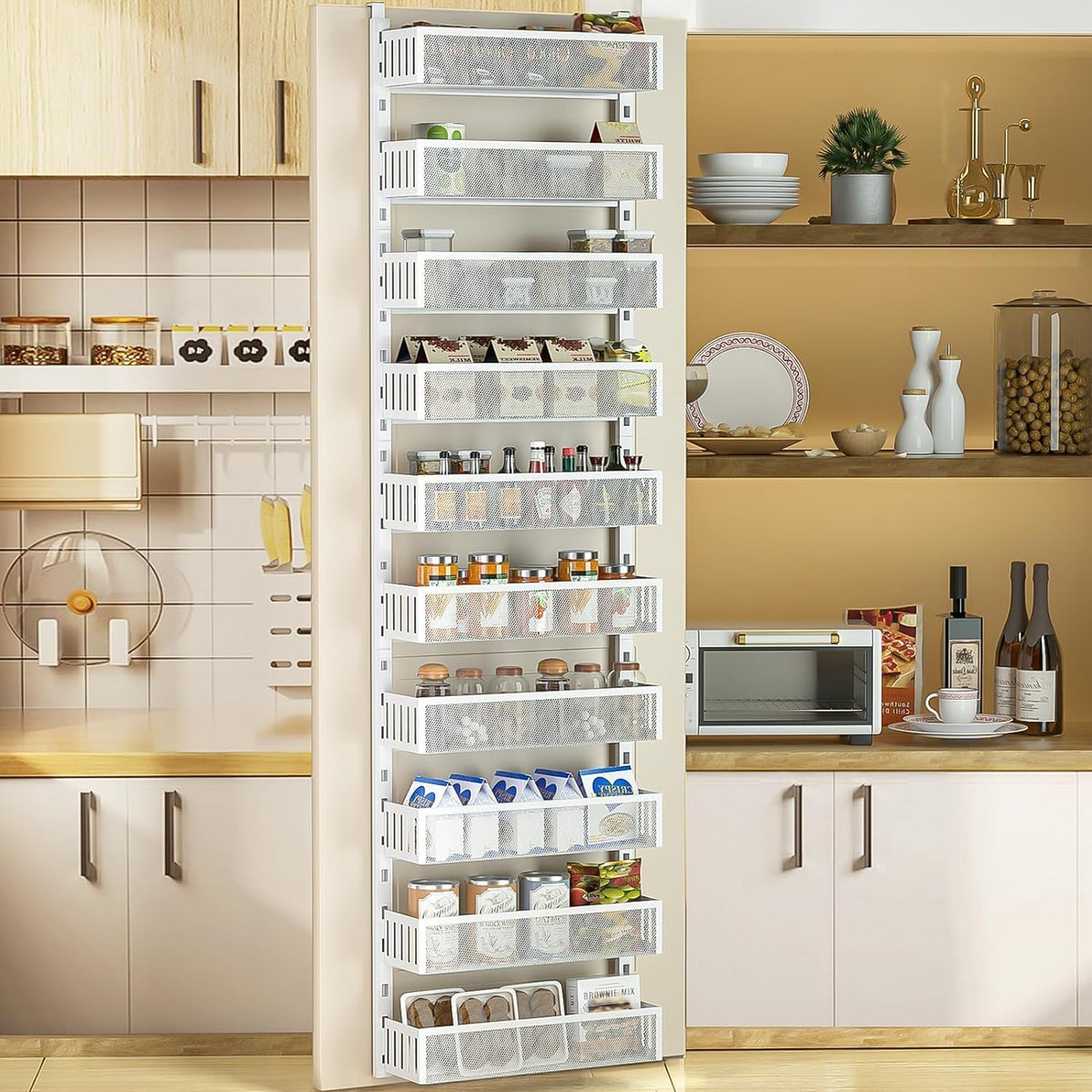 8-Tier Over The Door Pantry Organizer with Mesh Baskets, Adjustable & Stable Hanging Spice Rack for Kitchen, Bathroom, Bedroom, and Baby Essentials Storage (16" W 8-Tiers, White)
