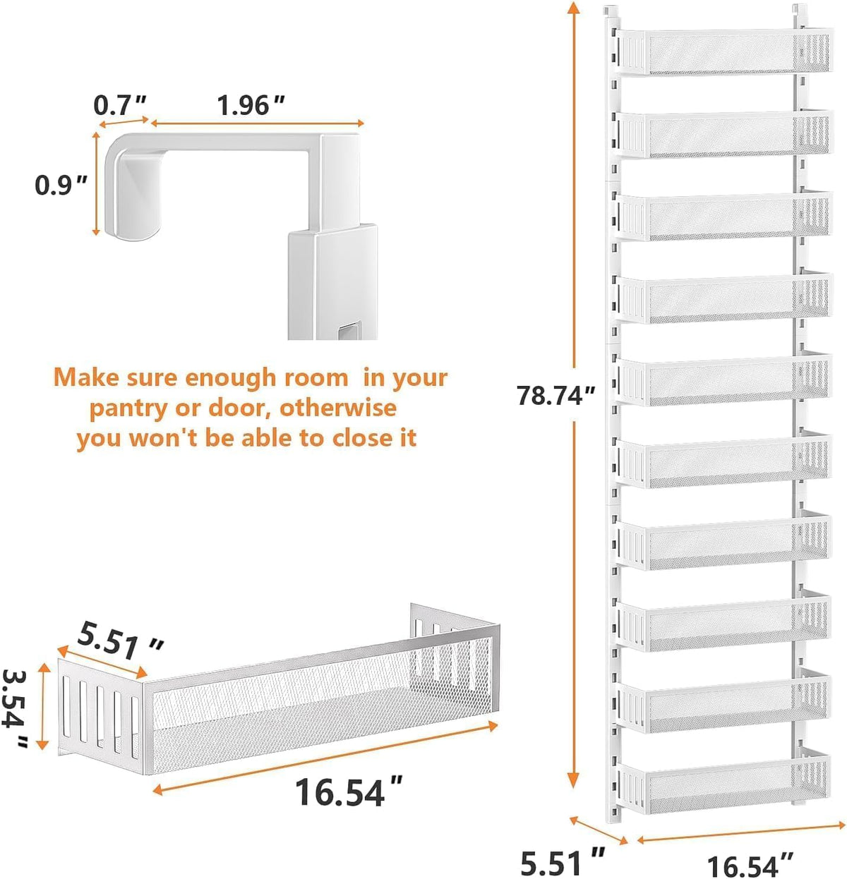 8-Tier Over The Door Pantry Organizer with Mesh Baskets, Adjustable & Stable Hanging Spice Rack for Kitchen, Bathroom, Bedroom, and Baby Essentials Storage (16" W 8-Tiers, White)